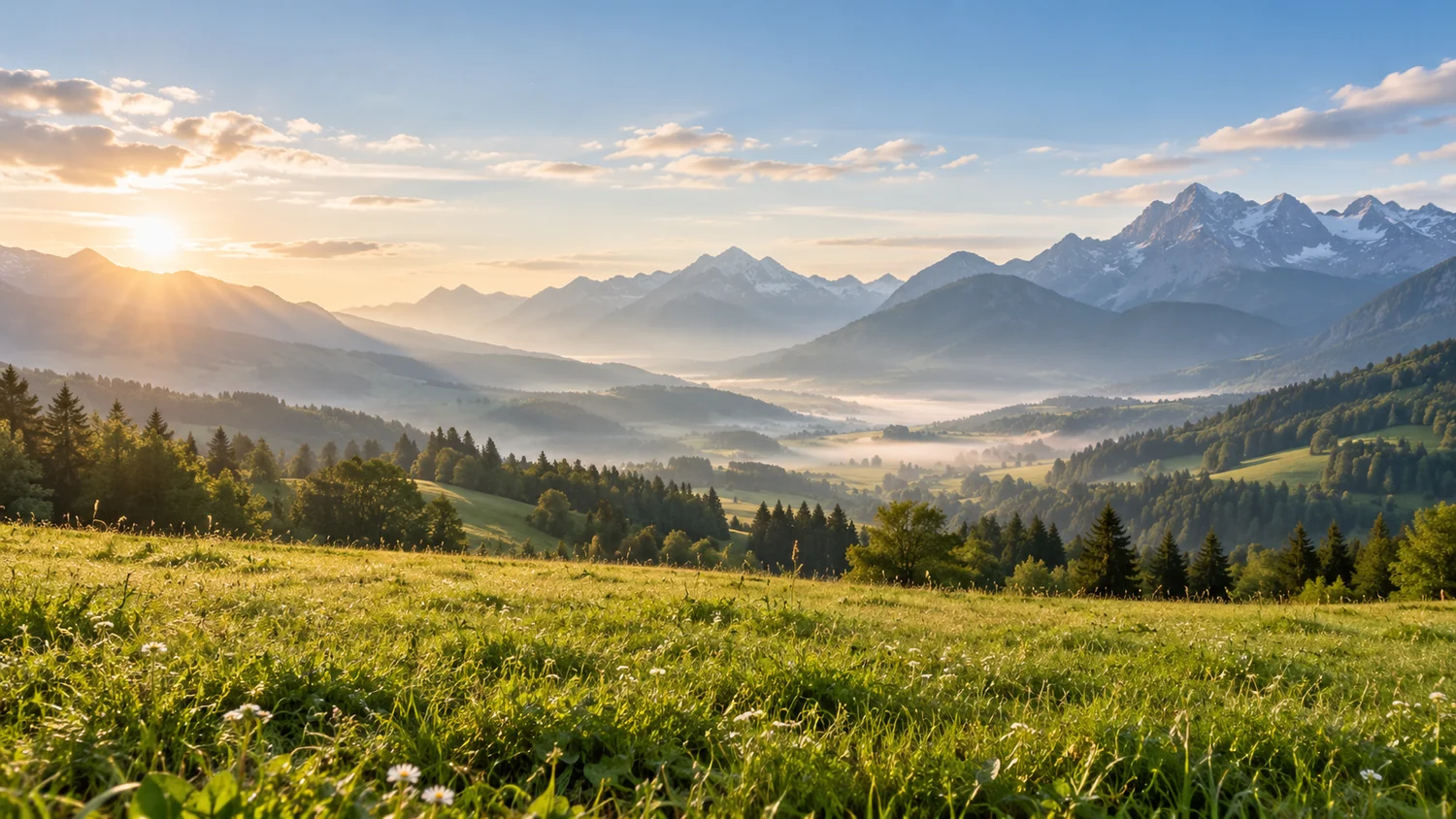 Ein weites grünes Bergtal mit weichen Nebelschichten und einer Wiese im Vordergrund